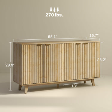 Fluted Sideboard Buffet Cabinet With 4 Doors, 2 Adjustable Shelves, 5 Wood Legs